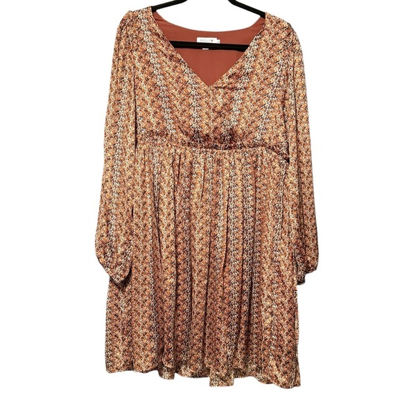 Molly Bracken Surplice Satin Metallic Rust Abstract Animal Print Babydoll Dress - Picture 2 of 14